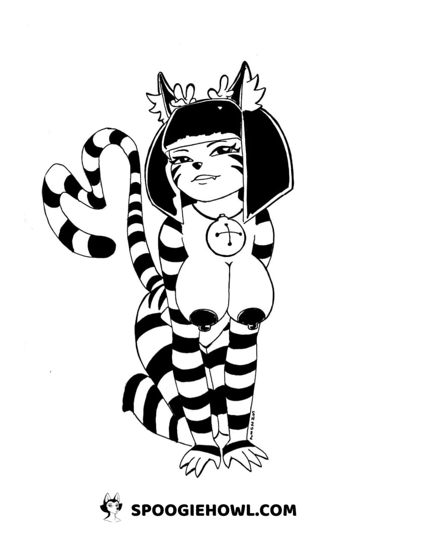 1girls all_fours anthro big_breasts black_and_white breasts domestic_cat felid feline felis female gynomorph heart hi_res intersex looking_at_viewer mammal monochrome nipples nude smile solo spoogiehowl stripes tail