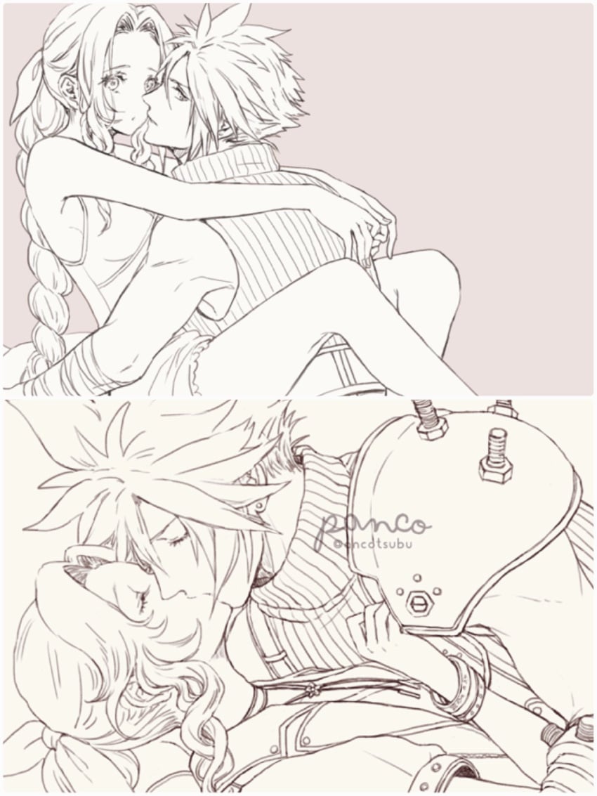 1boy 1girls aerith_gainsborough ancotsubu arms_around_partner cloud_strife embrace female final_fantasy final_fantasy_vii hugging kissing legs_around_partner long_hair male male/female passionate sleeveless straight