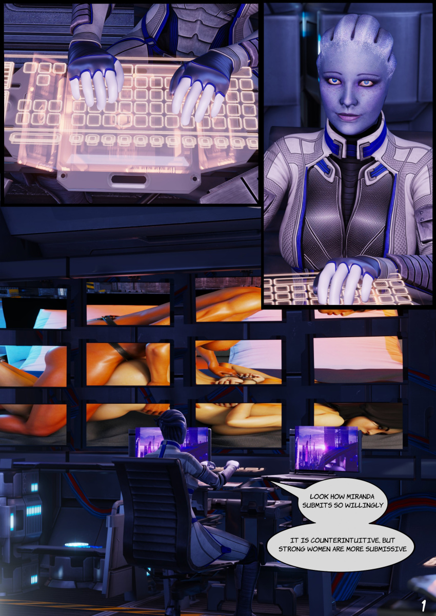 3d 3girls ashley_williams big_breasts bioware black_hair bondage comic_page dark-skinned_female english_text female freckles liara_t'soni light-skinned_female mass_effect medium_hair miranda_lawson multiple_girls nipples nude page_1 potatofire777 screen sitting speech_bubble strap-on yuri