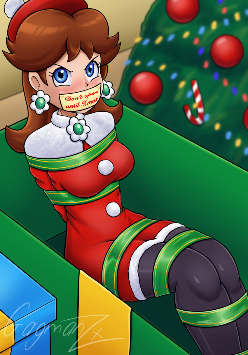 angry arms_tied_behind_back blue_eyes blush bondage bound_legs brown_hair christmas christmas_outfit christmas_tree gag gagged gagmanzx hat in_box mario_(series) mario_kart mario_kart_tour nintendo princess_daisy ribbon_bondage tape_gag