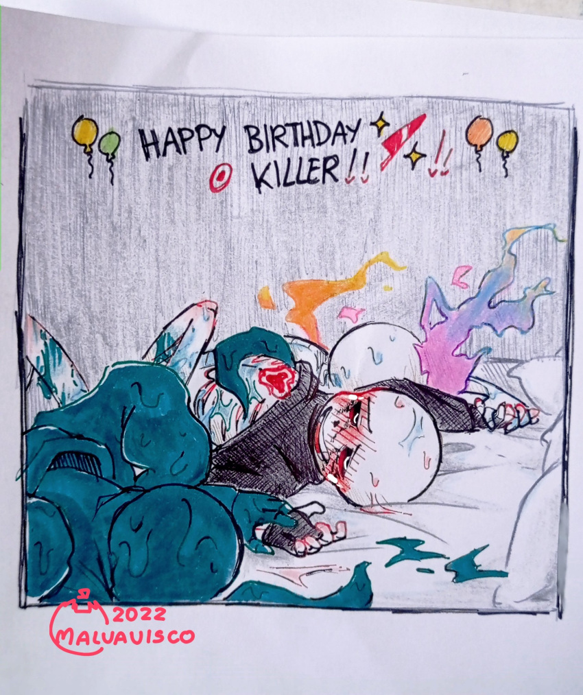 after_sex balloons bed bedroom birthday birthday_sex black_sweater black_tentacles blush color_sans dreamtale_(undertale_fanfiction) fan_character happy_birthday heart in_bed killer_sans killer_sans_(fan_character) knife looking_at_viewer malvaviscomars2 nightmare_sans nightmare_sans_(fan_character) pillow red_blush sans sans_au sans_oc skeleton sweat sweating tentacle undertale white_pillow