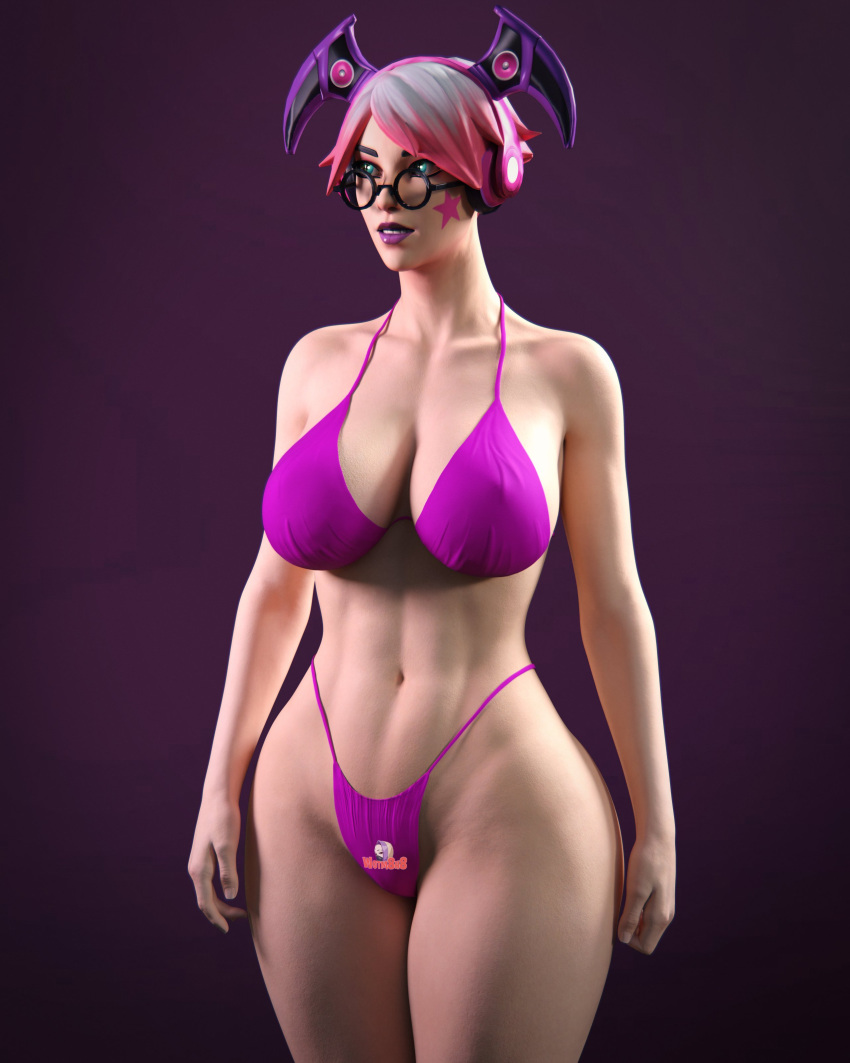 1girls big_breasts bikini bikini_top callisto_(fortnite) cat_eyes fortnite fortnite:_battle_royale headphones hips lenses pink_hair purple_lips thick_legs thick_thighs wotm8h8