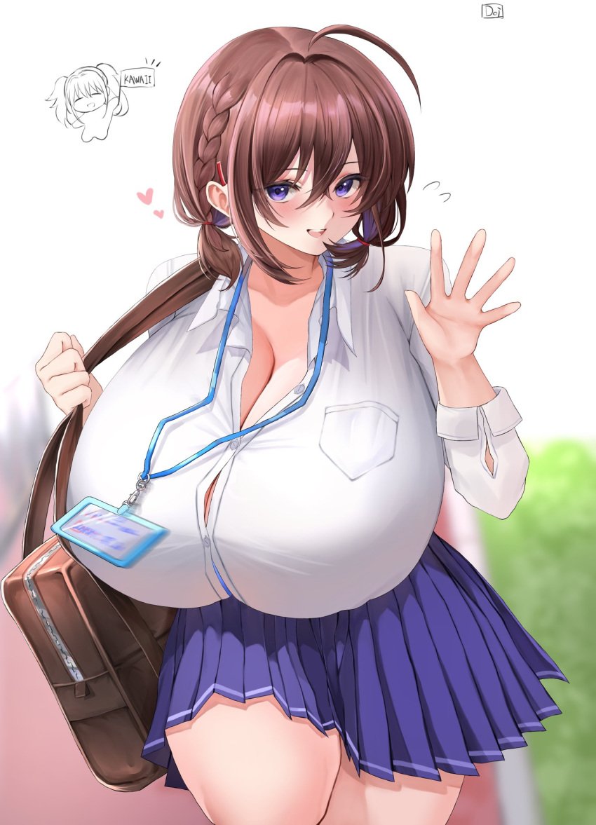 big_breasts blue_skirt brown_hair doinaka greeting huge_breasts large_breasts pov pov_eye_contact purple_eyes rukachan_(doinaka) school_uniform short_hair simple_background smile smiling smiling_at_viewer source_request thick_thighs thighhighs white_shirt white_skin