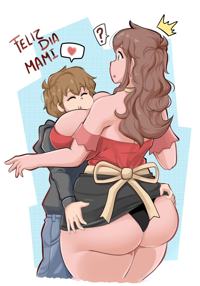 1boy 1girls ? apron ass ass_grab big_ass big_breasts big_butt big_thighs black_jacket black_panties breasts brown_hair butt butt_grab comicomryu delicia_(comicomryu) female girl green_eyes happy happy_mother's_day head_on_breasts heart high_resolution hug incest jeans mature mature_female mature_woman milf mother's_day mother_and_son original original_character panties preteen_boy_mature_female red_shirt ryumxr skirt skirt_up smile smiling spanish_text surprised text thick_thighs thighs toretto_(comicomryu) translated twitter uncensored underwear very_high_resolution very_younger_male white_background young