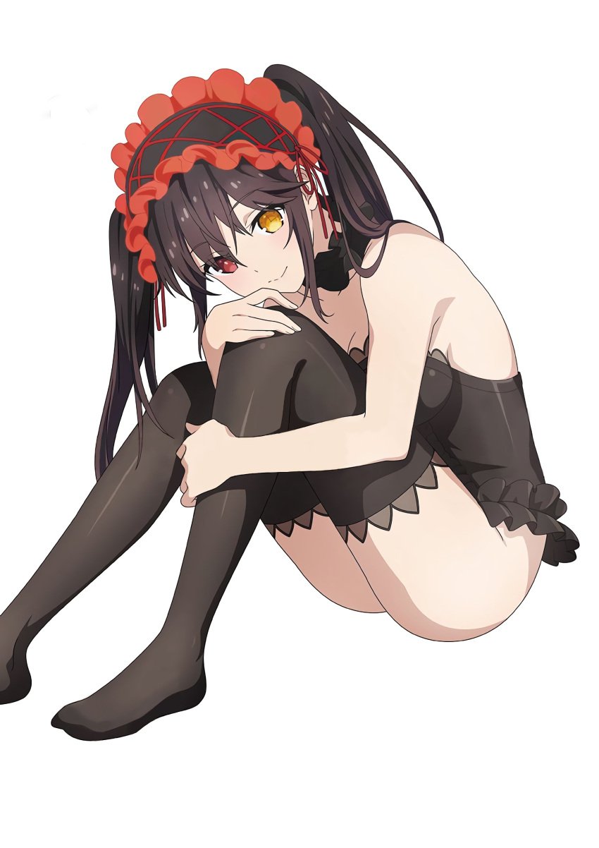 1girls absurdres asymmetrical_hair black_hair black_legwear breasts cleavage clock_eyes date_a_live hairband heterochromia highres looking_at_viewer red_eyes simple_background sitting smile solo symbol-shaped_pupils tokisaki_kurumi white_background yellow_eyes