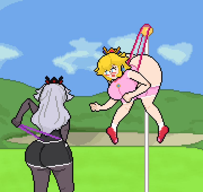 2girls ass big_ass big_breasts big_butt blonde_hair blue_eyes blue_sky breasts bubble_ass bubble_butt crown dark_persona dat_ass earrings golf grass huge_ass huge_butt mario_(series) mario_golf nintendo pixel_art princess_peach sprite sprite_art wedgie white_skin yellow_hair