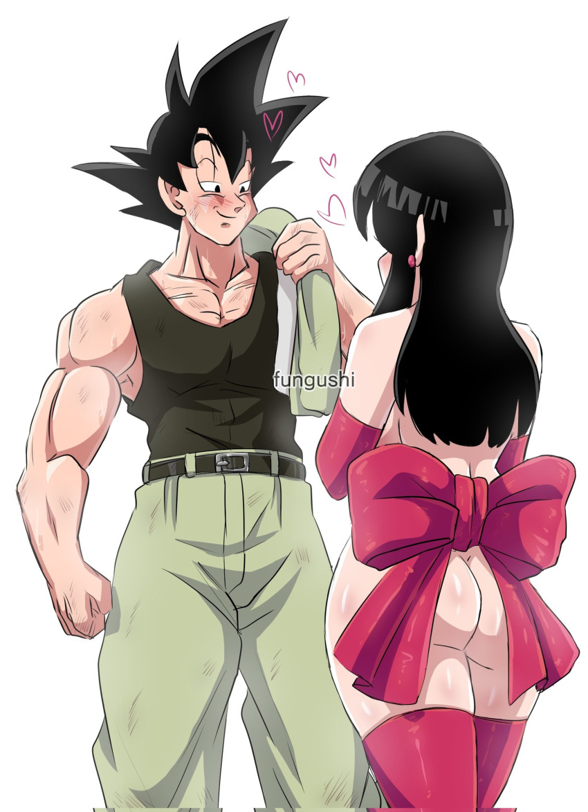 back_view canon_couple chichi dragon_ball dragon_ball_z fungushi implied_nudity leering light-skinned_female light_skin ribbon ribboned_body son_goku