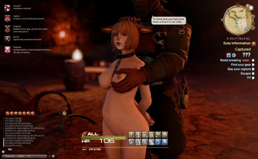 anal ass bad_end bandage blonde_hair bound breasts captured chains collar cum cum_on_face debuff dirty final_fantasy final_fantasy_xiv gameplay_mechanics gpose(ffxiv) hair_grab hair_pull hand_on_breast hand_on_head health_bar huge_ass imminent_rape level_drain miqo'te naked pale-skinned_female pale_skin pregnant purple_eyes rape slave stats status_effect tally_marks video_games wide_hips