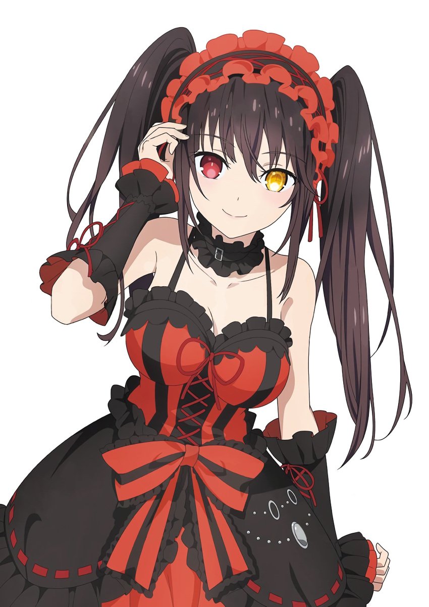 1girls absurdres asymmetrical_hair black_hair bow breasts cleavage clock_eyes date_a_live dress gothic_lolita hairband heterochromia highres lolita_fashion lolita_hairband long_hair looking_at_viewer medium_breasts red_hair simple_background smile solo symbol-shaped_pupils tokisaki_kurumi twintails white_background yellow_eyes