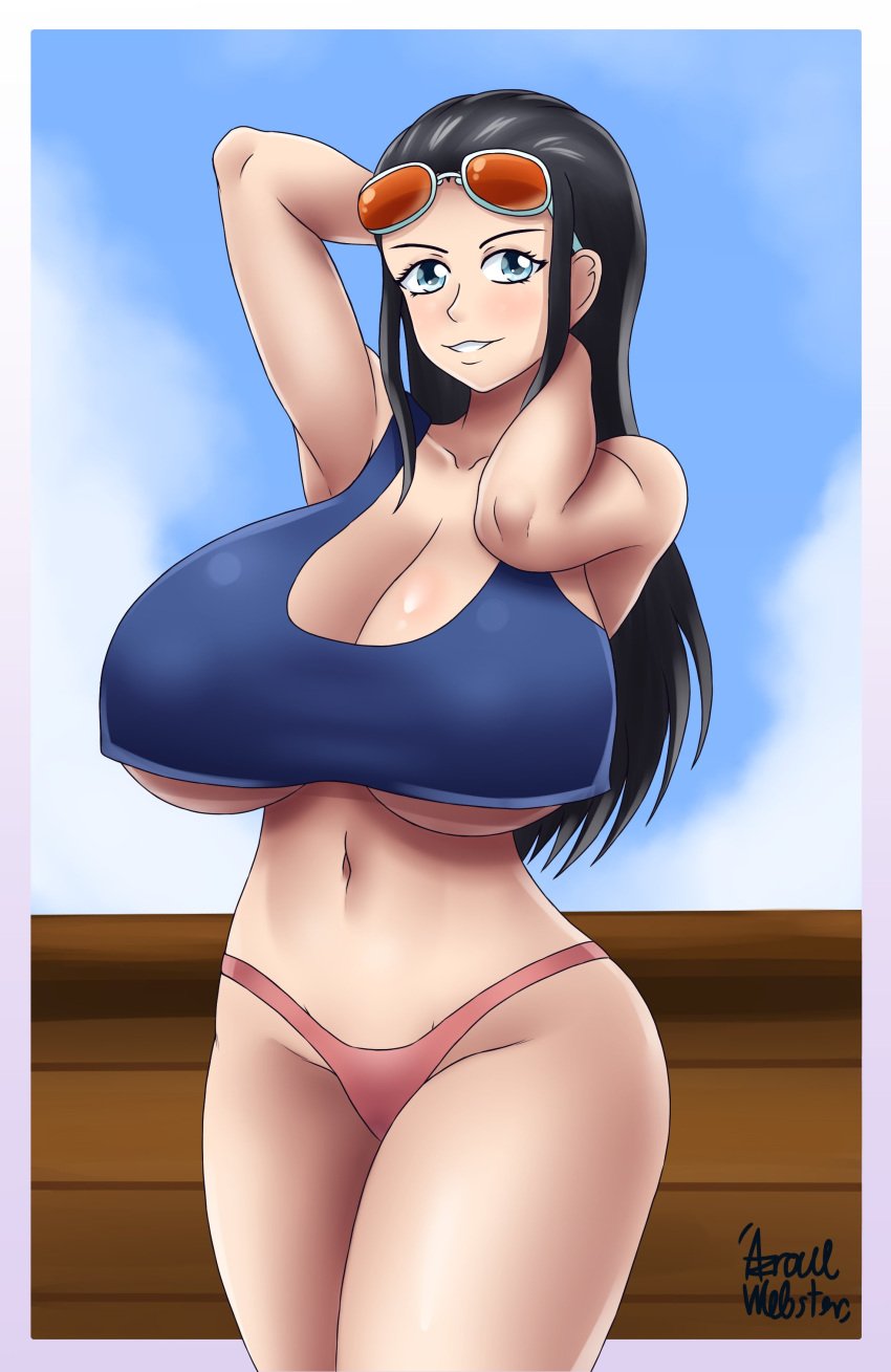 1girls artist_signature azraelwebster big_breasts black_hair blue_eyes blush breasts breasts_bigger_than_head cleavage collarbone crop_top eyelashes female female_only g-string gigantic_breasts hourglass_figurre huge_breasts huge_thighs human large_breasts long_hair looking_at_viewer naughty_face navel nico_robin one_piece outdoors shounen_jump smile solo solo_female standing sunglasses sunglasses_on_head tagme thick_lips wide_hips