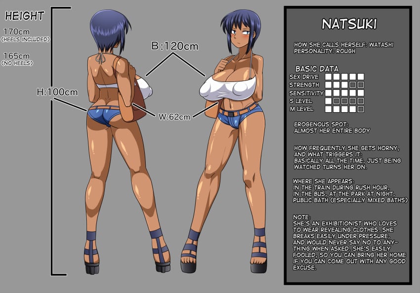 amazon_(taitaitaira) ass_cleavage big_breasts butt_crack character_sheet dark-skinned_female english_text hi_res huge_breasts large_breasts natsuki_(amazon) nipple_bulge original short_hair short_shorts tan_skin