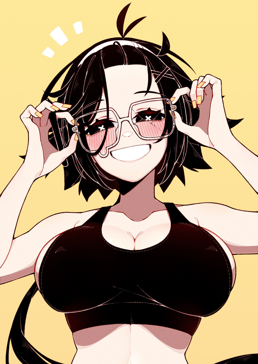 black_eyes black_hair breasts female glasses huge_breasts large_breasts looking_at_viewer smiling tanktop transparent_glasses unexistarts