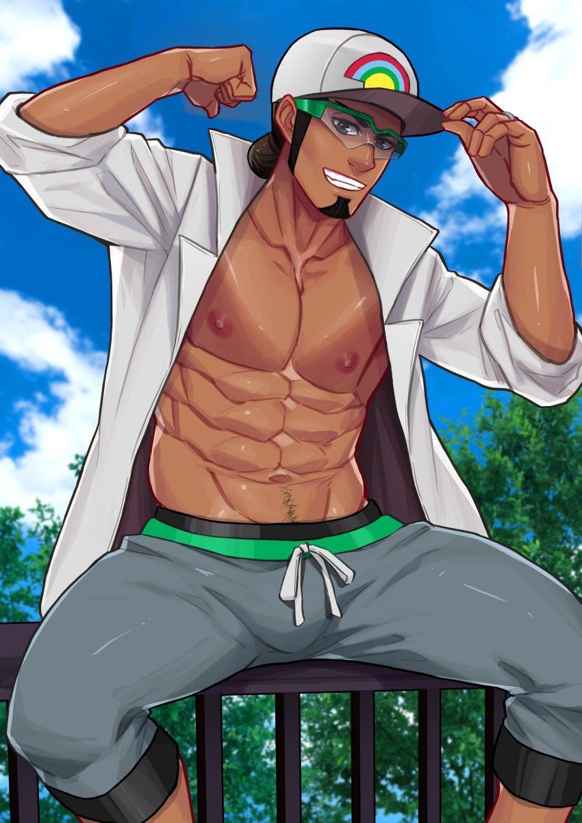 brown_hair cap glasses goatee gray_eyes grey_sweatpants happy_trail kukui_(pokemon) male_only maorenc nipples pokemon pokemon_sm solo_focus tan_skin unbuttoned_shirt