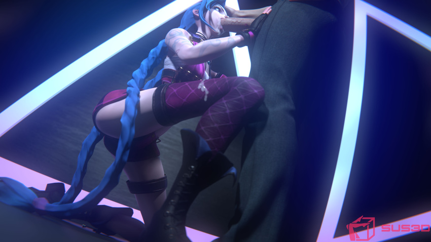 3d athletic_female blowjob cum cum_in_mouth cum_on_clothes fellatio human jinx_(league_of_legends) league_of_legends legs light-skinned_male long_legs sus-3d