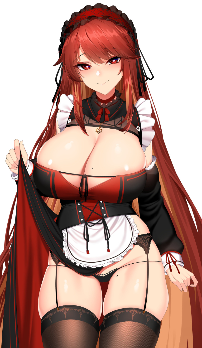 absurdres apron black_hair black_panties breasts chixiao cleavage cleavage_cutout clothes_lift clothing_cutout female female frilled_sleeves frills garter_belt garter_straps headdress heart heart-shaped_pupils highres huge_breasts long_sleeves looking_at_viewer maid maid_apron maid_day mole mole_on_breast mole_on_thigh mole_under_eye original panties red_eyes red_hair seductive_smile shiny shiny_skin skindentation skirt skirt_lift smile solo symbol-shaped_pupils thick_thighs thigh_gap thighhighs thighs thong underwear