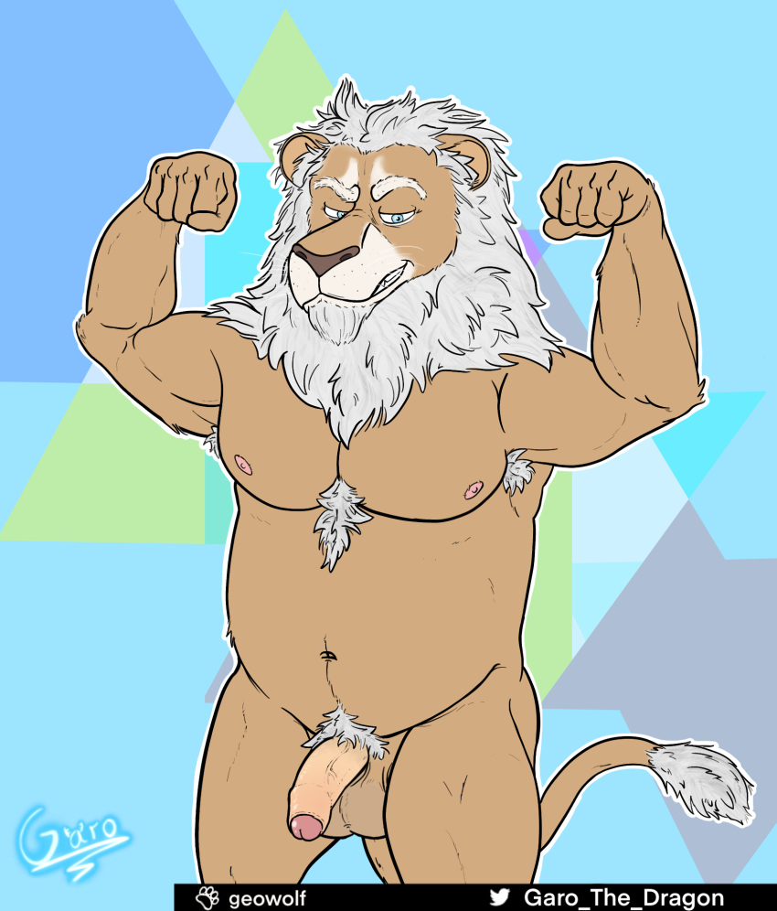 1boy anthro balls clay_calloway_(sing) felid feline flaccid flexing_both_biceps foreskin furry garo_(artist) genitals grin hair hair_on_fur hi_res humanoid_genitalia illumination_entertainment lion looking_at_viewer male male_only mammal mane mane_hair musclegut navel nipples pantherine pecs penis pubes sing_2 smile solo