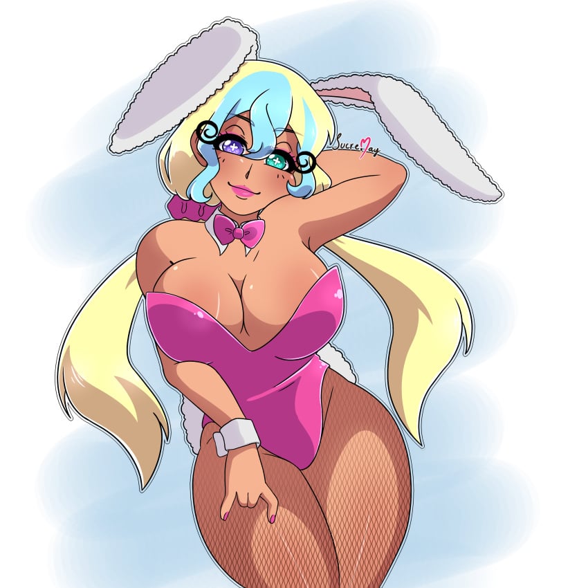 big_breasts blonde_hair bunny_girl bunnysuit fishnet_pantyhose gyaru heterochromia oppai pantyhose patreon sucremay tan_body tan_skin