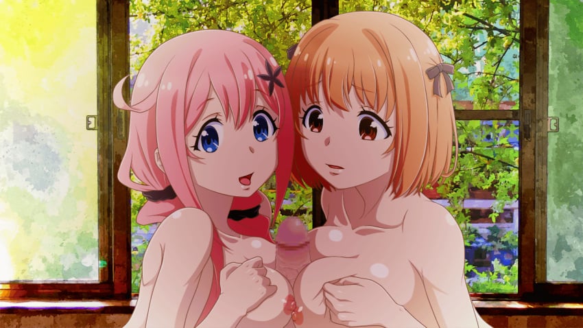 1boy 2girls blue_eyes brown_eyes double_paizuri erect_nipples eyelashes itou_nobuhiro large_breasts maehara_nina ochikobore_fruit_tart open_mouth parted_lips pink_hair sakura_ino tan_hair window