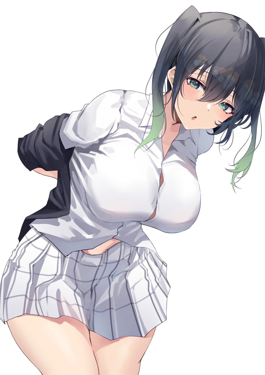 1girls bent_over big_breasts big_hips black_hair breasts busty button_gap female female_only green_eyes green_hair hands_behind_back hips looking_at_viewer love_live! love_live!_nijigasaki_high_school_idol_club nipple_bulge no_bra school_uniform skirt tagme takasaki_yuu thick_thighs thighs tight_clothing twintails white_background yamasonson