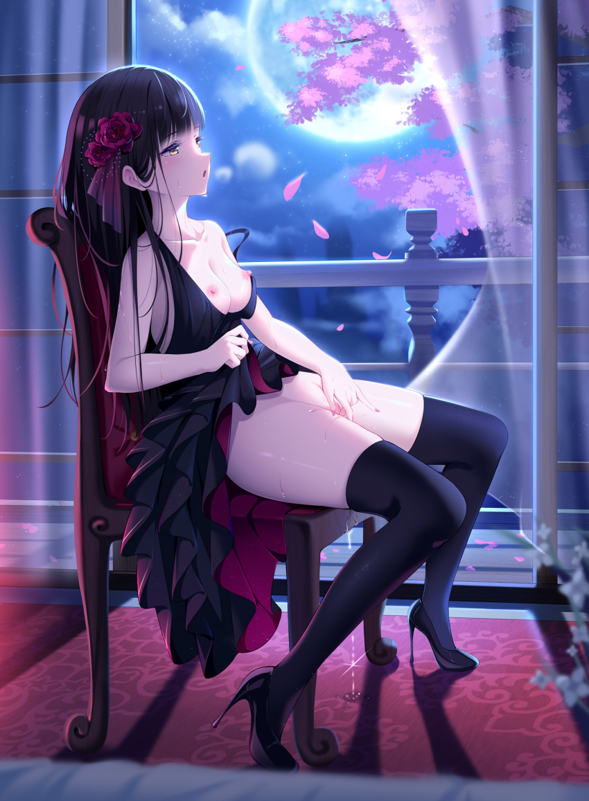 black_dress black_footwear black_hair black_legwear breasts breasts_out chair cherry_blossoms clothed_masturbation clothes_lift collarbone dress dress_lift female female_masturbation flower full_moon hair_flower hair_ornament high_heels highres kagami_(galgamesion) lifted_by_self long_hair masturbation medium_breasts moon night night_sky nipples no_bra original pussy_juice pussy_juice_puddle pussy_juice_trail red_flower sitting sky sleeveless sleeveless_dress solo strap_slip thighhighs thighs yellow_eyes