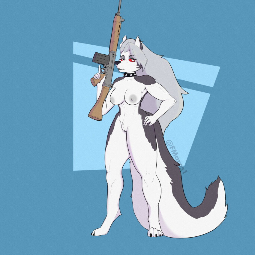 absurd_res anthro canid canid_demon canine canis demon female froos gun hellhound helluva_boss hi_res loona_(helluva_boss) mammal ranged_weapon solo weapon wolf