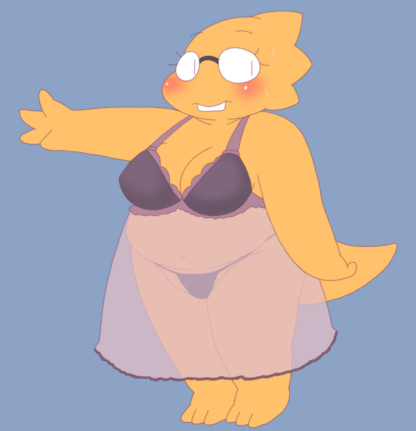 1girls 2d alphys alpi anthro aruput aruput_ut bra chubby female female_only glasses humanoid lingerie lizard_girl lizard_humanoid panties solo tagme thong undertale undertale_(series) yellow_body