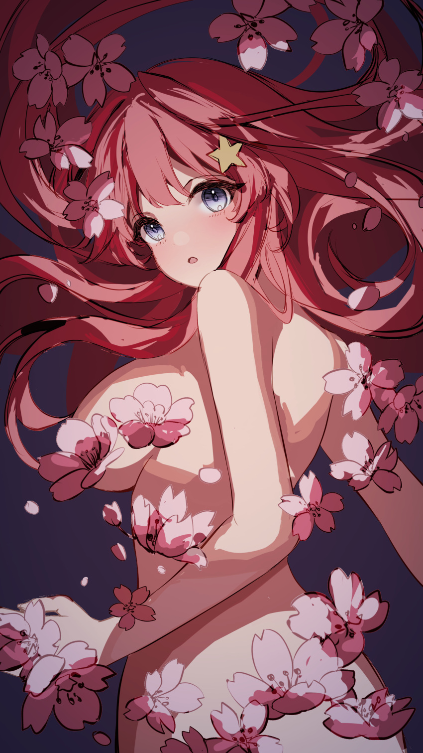 absurdres back blue_eyes blush breasts breasts_out cleavage completely_nude dark_background flower go-toubun_no_hanayome hair_ornament highres large_breasts long_hair looking_at_viewer looking_back nakano_itsuki nude open_mouth petals red_hair simple_background woodsbench