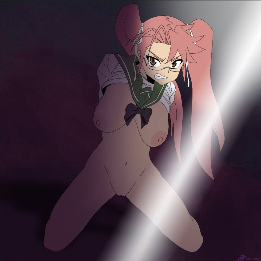 angry big_breasts breasts breasts_out dubious_consent glasses hands_behind_back highschool_of_the_dead looking_at_viewer on_knees partially_clothed pink_hair pinup sailor_uniform saya_takagi twintails youngperv