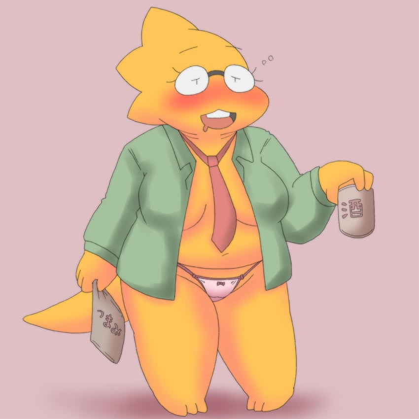 1girls 2d alphys aruput aruput_ut chubby drunk female female_only glasses humanoid lizard_girl lizard_humanoid no_bra open_clothes open_shirt panties solo source_request tagme tie undertale undertale_(series)