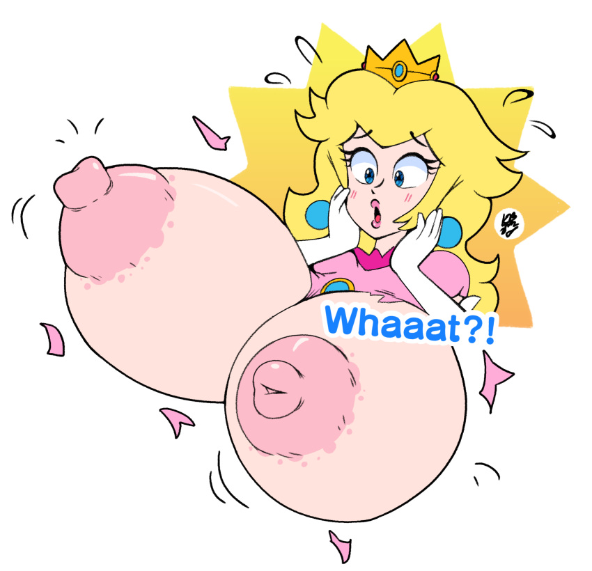 1girls 2022 alternate_breast_size areolae big_breasts big_nipples blonde_hair blue_eyes breast_expansion breasts crown earrings easybee female gigantic_breasts huge_areolae huge_breasts large_breasts mario_(series) mario_party nintendo nipples pink_lips pink_lipstick princess_peach ripped_clothes ripped_clothing ripped_dress shiny shiny_breasts shiny_skin shocked shocked_expression surprised surprised_expression text torn_clothes torn_clothing white_background yellow_hair