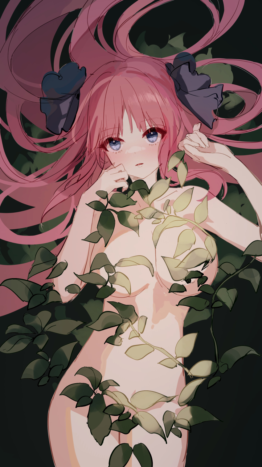 absurdres belly black_background blue_eyes blush breasts breasts_out cleavage collarbone completely_nude eyebrows_visible_through_hair eyes_visible_through_hair female garden go-toubun_no_hanayome hair_ornament highres large_breasts leaf legs long_hair looking_at_viewer lying midriff nakano_nino no_nipples nude open_mouth plant red_hair simple_background solo woodsbench