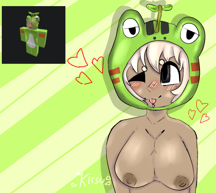 1girls artist_request blep blonde_hair blush blush_lines breasts clothing frog_hood hair hat hat_only headgear headgear_only headwear headwear_only heart_reaction hood light lighting mostly_nude one_eye_closed roblox roblox_avatar robloxian shaded simple_background source_request tongue tongue_out watermark