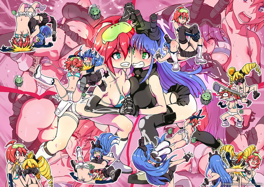 ass big_ass big_breasts big_butt bikini blonde_hair blue_hair boobs_and_butt_pose boots breasts dat_ass drill_hair female_only frag goggles green_eyes huge_ass huge_breasts huge_butt interlocked_fingers large_ass large_breasts luluco medium_breasts miniskirt muzzle_(trigger) red_hair shiwasu_no_okina skirt spring_(trigger) swimsuit thighhighs trigger-chan trigger_(company) wrestling