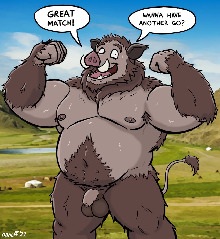 absurd_res anthro armpit_hair balls big_balls bodily_fluids body_hair flaccid flexing_both_biceps foreskin genitals hi_res khenbish_(minotaur_hotel) looking_at_viewer male male_only mammal minotaur_hotel musclegut muscular muscular_male nanoff nipples nude penis smile smiling_at_viewer solo suid suina sus_(pig) sweat wild_boar