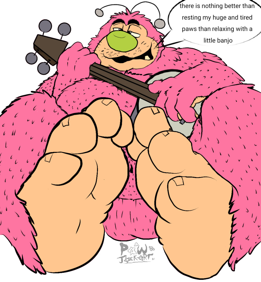 balls banjo_(instrument) belly big_belly cartoon_network english_text feet foot_focus fur fuzzy_lumpkins genitals green_nose male male_focus male_only monster musical_instrument navel overweight pawjackart pink_body pink_fur plucked_string_instrument powerpuff_girls solo solo_male string_instrument text