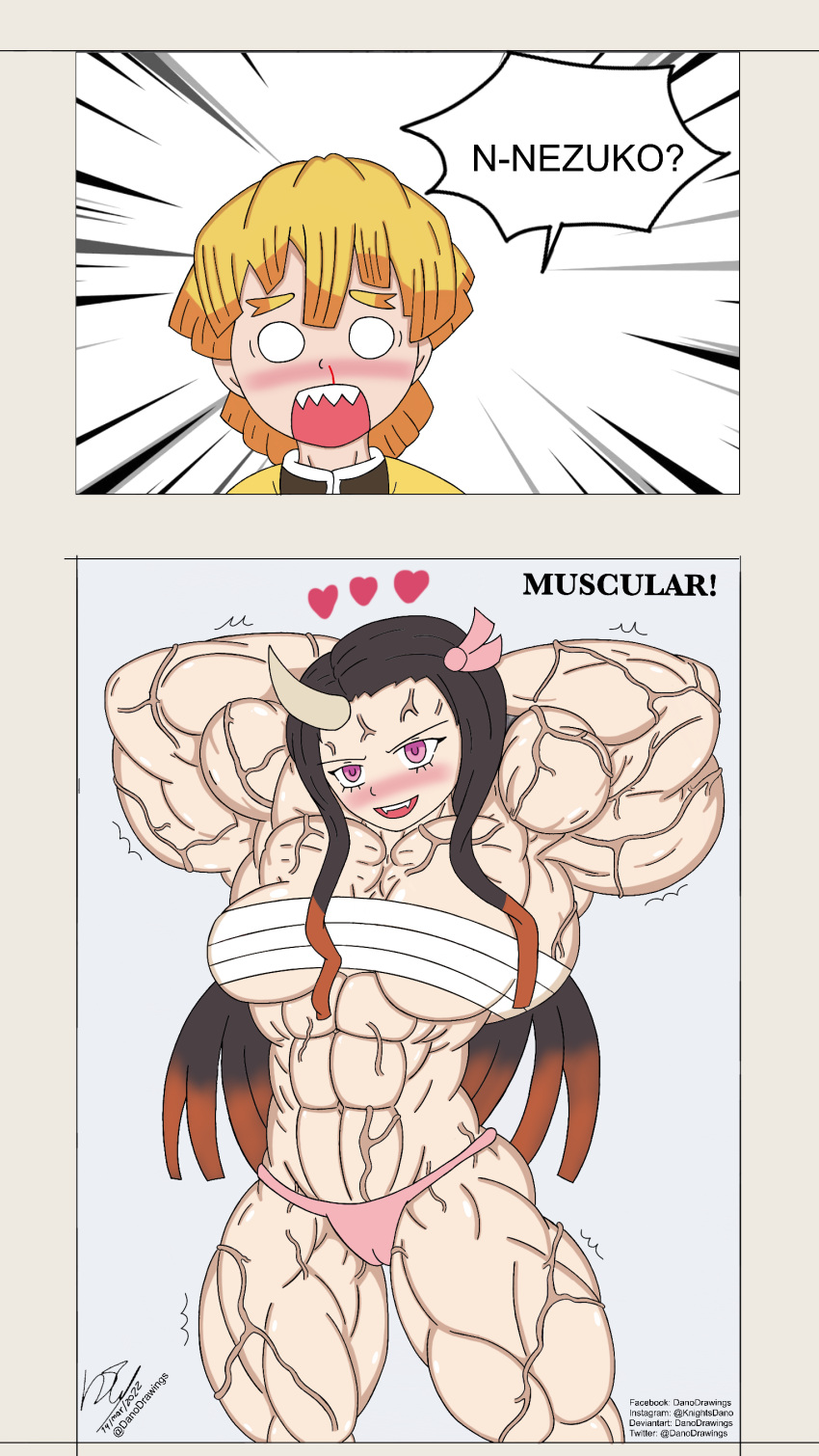 1boy 1girls abs almost_naked biceps big_biceps big_muscles danodrawings demon_slayer english_text fangs female horn huge_monster hyper_muscles kamado_nezuko kimetsu_no_yaiba large_breasts male muscle muscles muscular muscular_female nosebleed six_pack surprised_expression text veins veiny veiny_muscles zenitsu_agatsuma