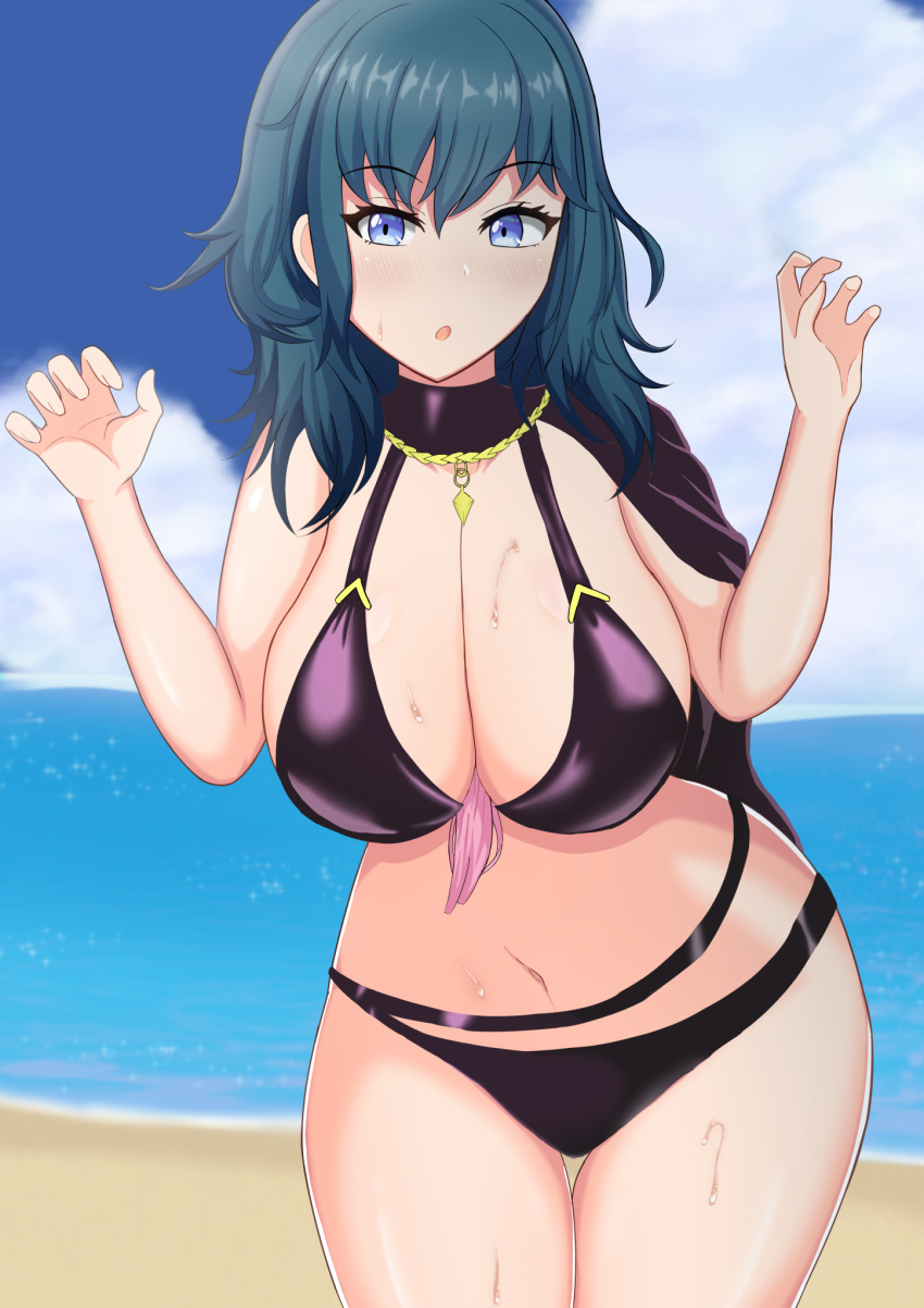 1girls alternate_costume bare_thighs beach bikini black_bikini black_swimsuit blue_eyes breasts byleth_(fire_emblem) byleth_(fire_emblem)_(female) byleth_(summer)_(fire_emblem)_(female) cape capelet cleavage female female_only fire_emblem fire_emblem:_three_houses fire_emblem_heroes large_breasts medium_hair nintendo o_tam_oekaki ocean official_alternate_costume open_mouth outdoors solo swimsuit teal_hair thighs wide_hips