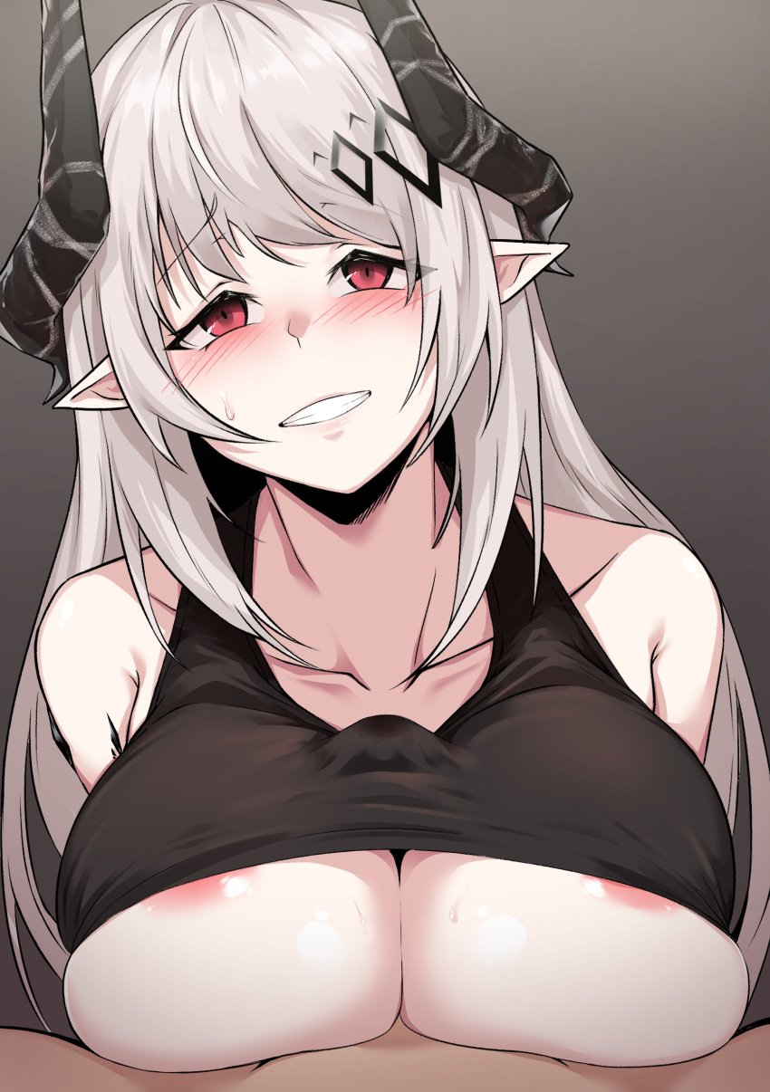 1boy 1girls arknights blush hair_ornament horns looking_at_viewer mudrock_(arknights) nipples paizuri partially_clothed penis_between_breasts penis_under_clothes pointy_ears red_eyes smile sweat tofutofu white_hair