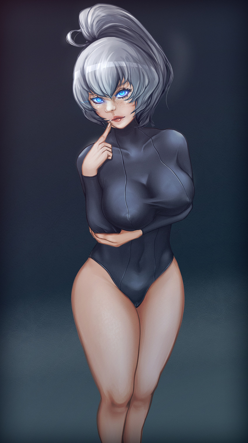 arm_under_breasts big_breasts blue_eyes bodysuit bubsbububs dark_souls dark_souls_3 female female_only finger_to_mouth freckles fromsoftware glowing_eyes leotard long_sleeve_leotard long_sleeves looking_at_viewer nipple_bulge ponytail silver_hair skin_tight solo tight_clothing yuria_of_londor