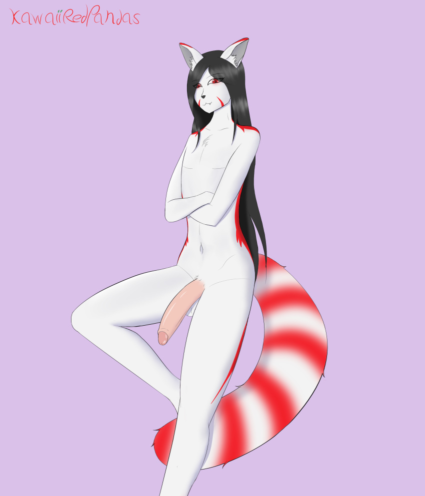 absurd_res ailurid anthro big_penis black_hair erection fur genitals girly hair hi_res kawaiiredpandas long_hair male mammal penis red_panda solo white_body white_fur