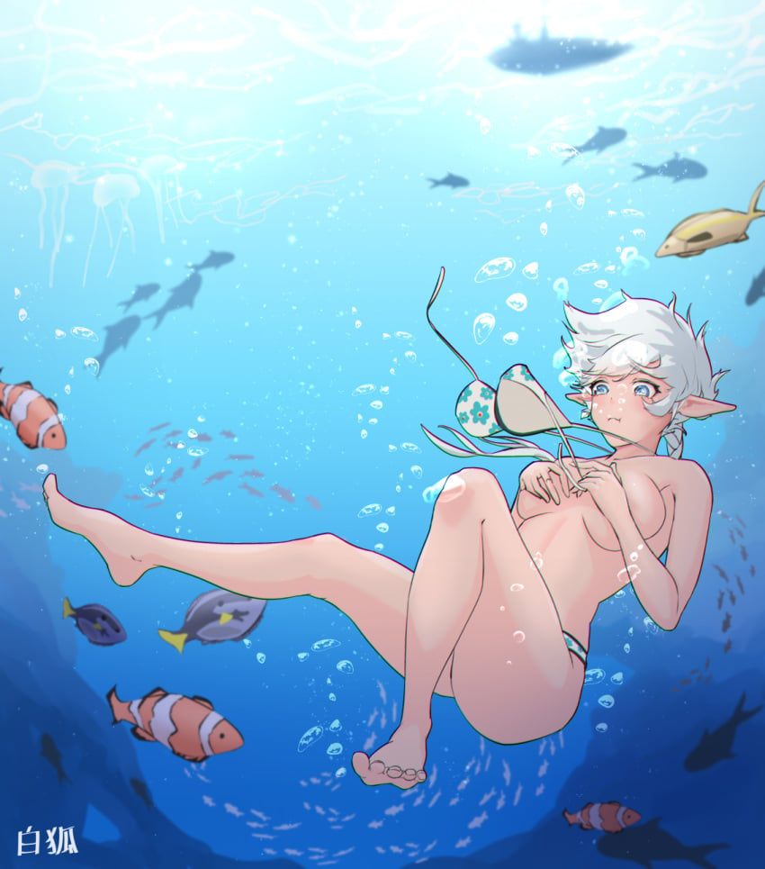 alisaie_leveilleur big_breasts blue_eyes bubble dat_ass elezen elf elf_ears feet final_fantasy final_fantasy_xiv fish flower_bikini holding_breath nipple_slip pale-skinned_female pointy_ears shiro_kitsune square_enix swimsuit top_removed topless underwater white_hair