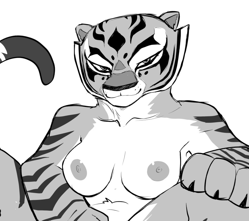 absurd_res anthro bedroom_eyes breasts dreamworks drpizzaboi1 felid female fur hi_res kung_fu_panda mammal master_tigress monochrome narrowed_eyes nipples pantherine seductive smile solo striped_body striped_fur stripes tiger tiger_ears tiger_girl