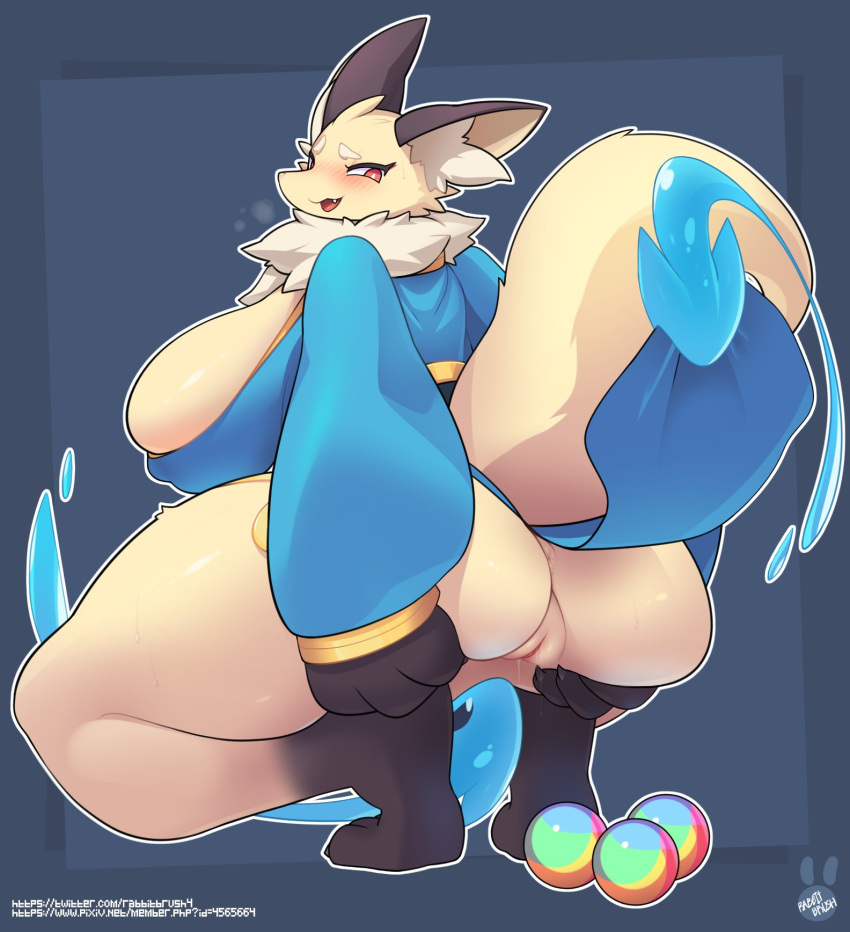 anthro anus ass big_breasts blush bodily_fluids breasts canid canine canis clothed clothing female fox fur genital_fluids genitals hi_res kemono mammal pussy rabbitbrush shirano smile solo video_games world_flipper