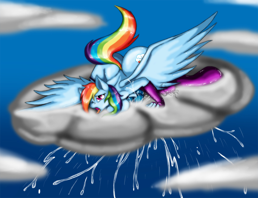 ass blue_fur cloud cum ejaculation equine excessive_cum friendship_is_magic futanari my_little_pony open_mouth pegasus pink_eyes rain rainbow_dash_(mlp) rainbow_hair raining_cum solo_futa straight_hair suirano wings