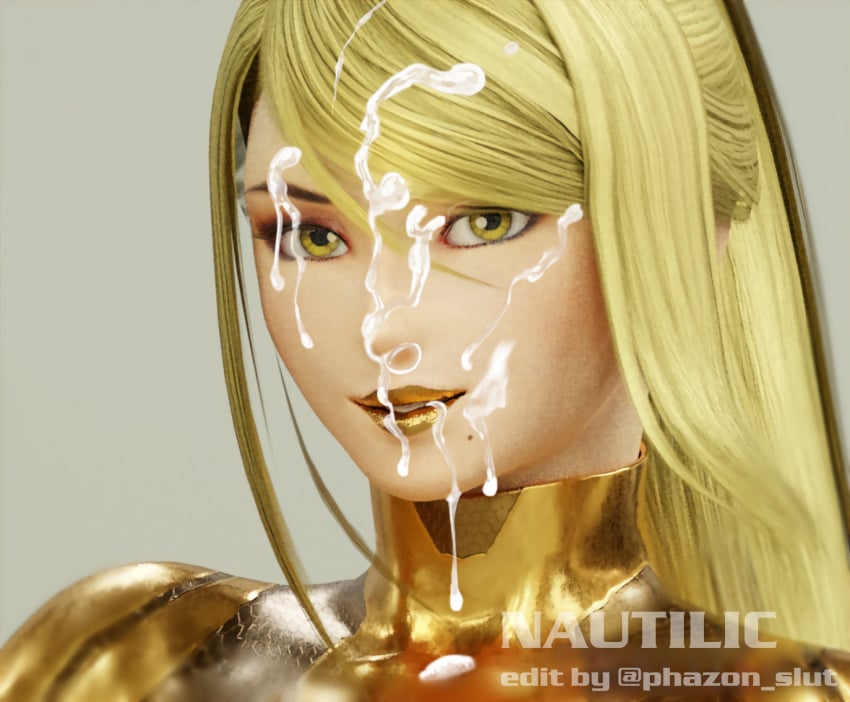 1girls 3d blonde_hair close-up cum_bubble cum_on_face cum_string facial female gold_irises gold_lipstick makeup metroid nautilic nintendo phazon_slut samus_aran solo third-party_edit zero_suit zero_suit_samus