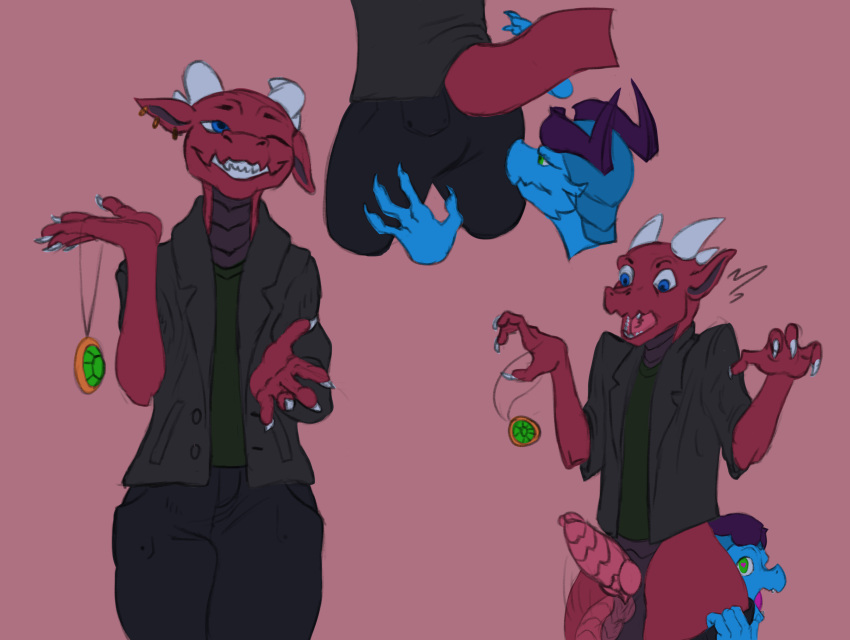 anthro balls claws clothed clothing duo genitals hi_res horn jewelry kobold lugen lugen_kobold male penis scalie