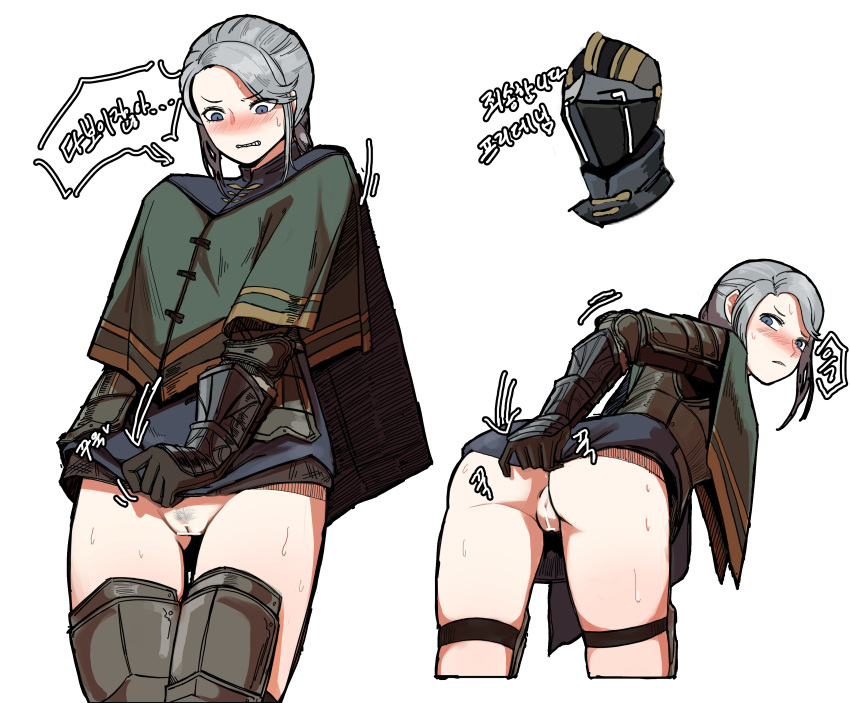 1girls armor ashen_one bar_censor bent_over black_gloves blue_eyes blush bottomless cape capelet clenched_teeth dark_souls dark_souls_3 embarrassed female female_focus female_knight fromsoftware gloves grey_hair innie_pussy knight korean_text looking_back looking_down no_panties ponytail pubic_hair pussy sir_vilhelm sweat thigh_strap tied_hair