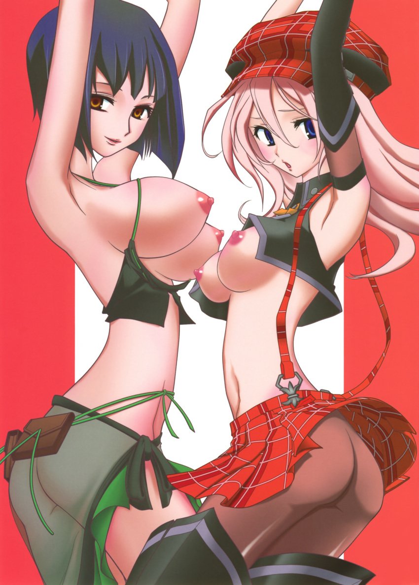 2girls alisa_ilinichina_amiella arisa_iriinchina_amieera arms_up ass blonde_hair blue_eyes blue_hair boots breasts female female_only god_eater god_eater_burst hat highres multiple_girls navel nipples pantyhose tachibana_sakuya thigh_boots thighhighs