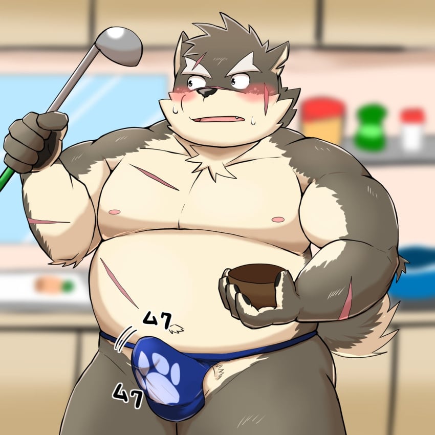 anthro asian_clothing belly blush bulge canid canine canis clothed clothing domestic_dog east_asian_clothing embarrassed erection erection_under_clothing fundoshi hi_res japanese_clothing kitchen_utensils ladle lifewonders male mammal mohumohudansi moritaka musclegut navel nipples pecs tenting tokyo_afterschool_summoners tools underwear video_games