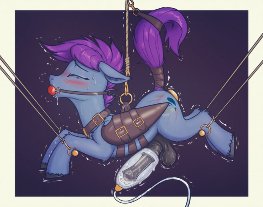 2022 animal_genitalia animal_penis ball_gag balls blush bodily_fluids bondage bound closed_eyes cum cutie_mark digital_media_(artwork) equid equine equine_penis fan_character feral gag gagged genital_fluids genitals male mammal my_little_pony pegasus penis purple_tail shydale side_view solo windy_dripper wings